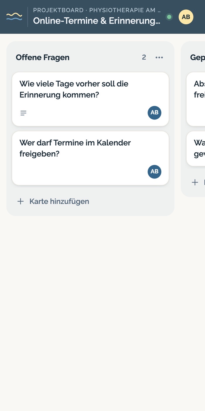 Das Projektboard auf dem Smartphone mit der Spalte Offene Fragen