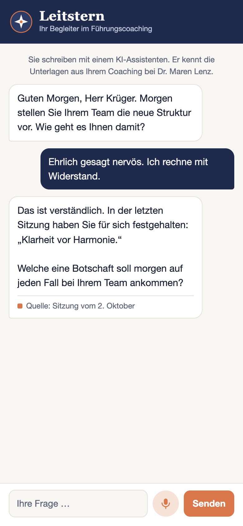 Chat eines Führungscoaching-Begleiters: Er erinnert an einen Satz aus der letzten Coaching-Sitzung und stellt eine offene Frage