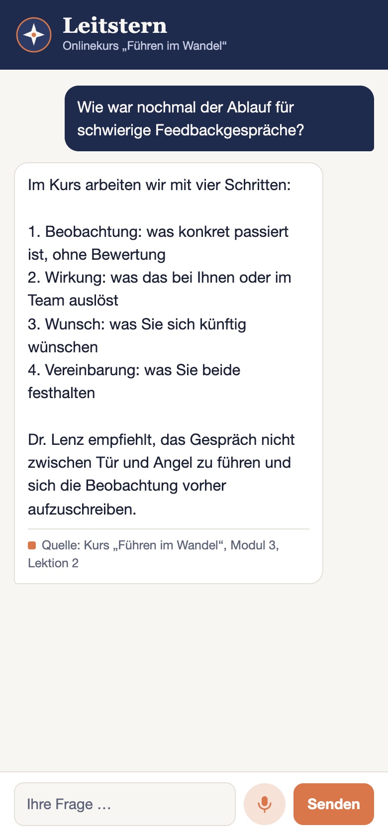 Antwort mit den vier Schritten eines Feedbackgesprächs und der Quelle Modul 3, Lektion 2 des Onlinekurses