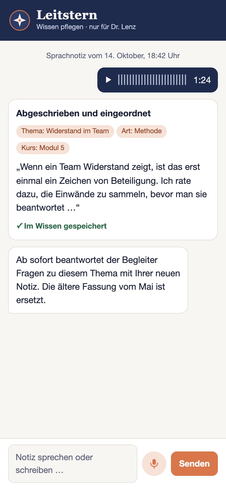 Eine Sprachnotiz der Coachin wird abgeschrieben, nach Thema eingeordnet und ersetzt die ältere Fassung