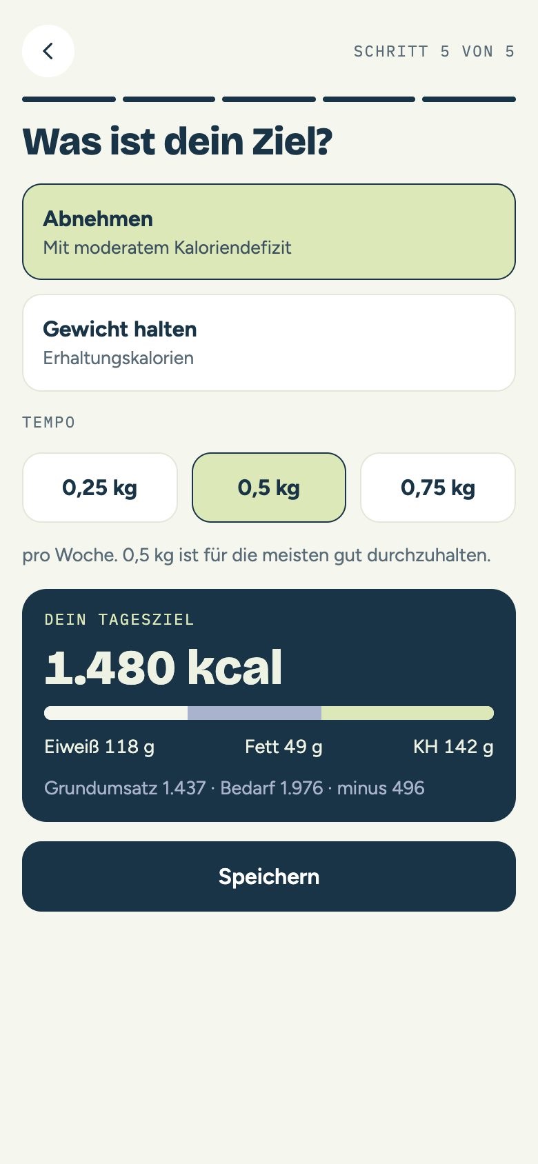 Zielauswahl Abnehmen mit Tempo 0,5 kg pro Woche und berechnetem Tagesziel von 1.480 kcal